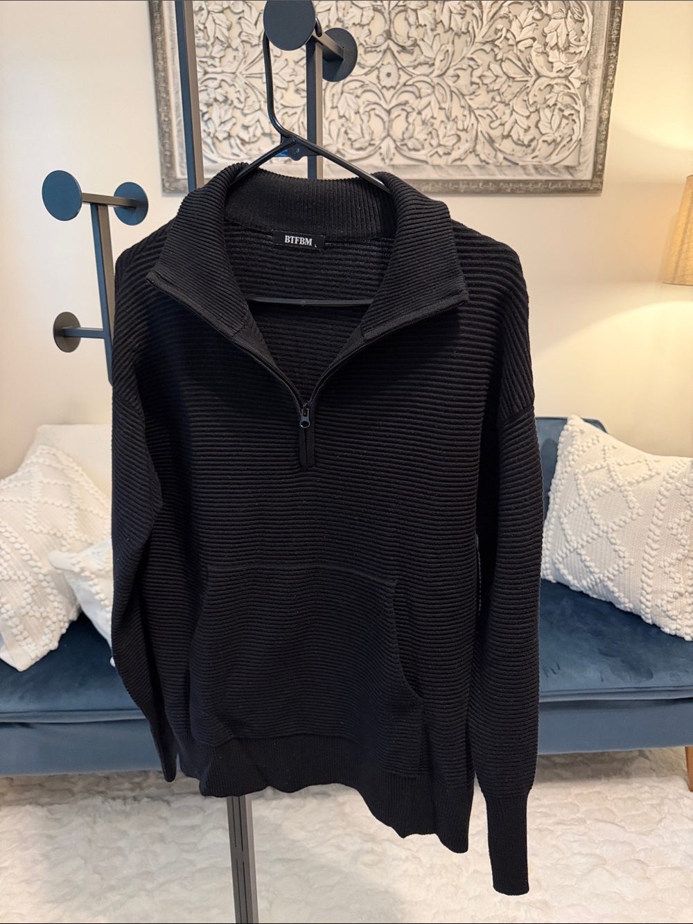 BTFBM Women's Black Ribbed Half-Zip Sweater Pullover